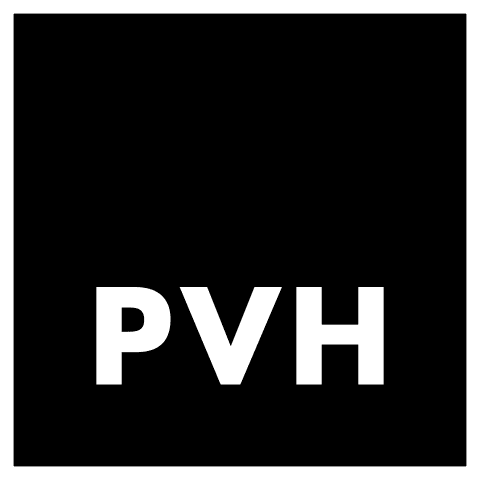Wit PVH logo tegen een zwarte achtergrond.
