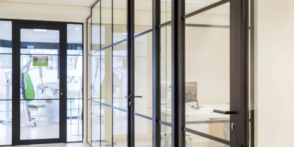 Glazen wanden met zwarte frames in een modern kantoor. 