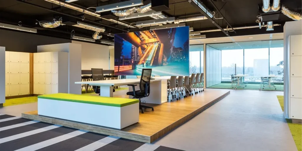 Moderne vergaderruimte met lange tafel in een licht kantoor.